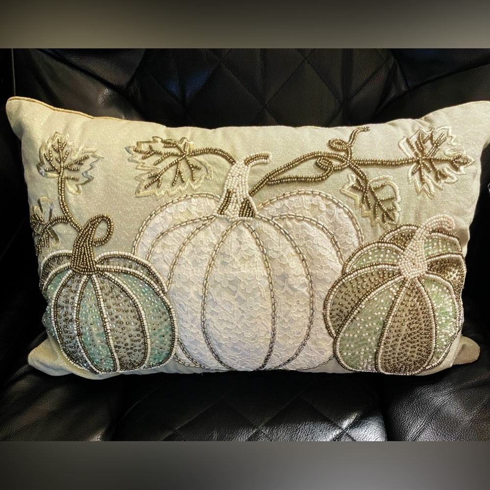 Harvest Moon Decorative Pillow with Beaded Pumpkins 20x12